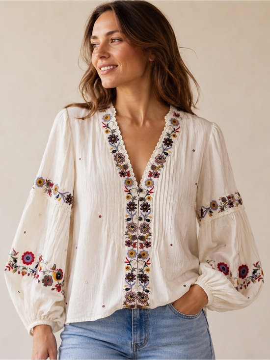 Anthropologie Tops - Embroidered V-Neck Balloon Sleeve Top - White with Multicolor Floral Trim